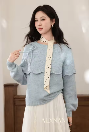 ALXNAN 大尺寸藍色毛衣，女士 2026 新款長袖針織套頭衫，休閒優雅寬鬆時尚套頭衫，女士 D61001