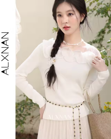 ALXNAN 長袖套頭衫，網眼荷葉邊領，優雅女士毛衣，修身休閒針織上衣，無配件，型號 L61315