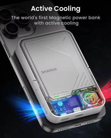 SHARGE ICEMAG 2 MagSafe 行動電源，支援 15W Qi2 無線充電，配備主動式散熱系統，內建 10000mAh 電池，相容於 iPhone 16/15 和 Galaxy